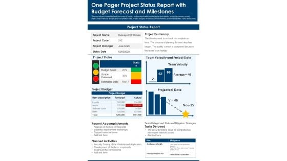 One Pager Project Status Report With Budget Forecast And Milestones PDF Document PPT Template