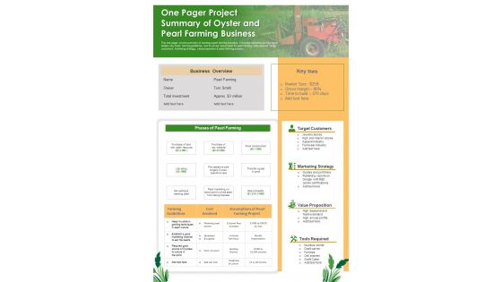 One Pager Project Summary Of Oyster And Pearl Farming Business PDF Document PPT Template One Pager Project Summary Of Oyster And Pearl Farming Business PDF Document PPT Template