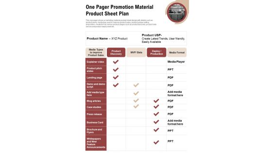 One Pager Promotion Material Product Sheet Plan PDF Document PPT Template