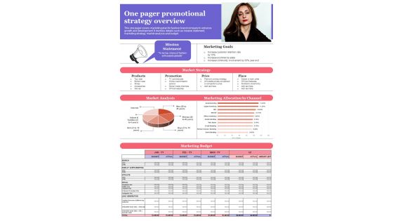 One Pager Promotional Strategy Overview PDF Document PPT Template