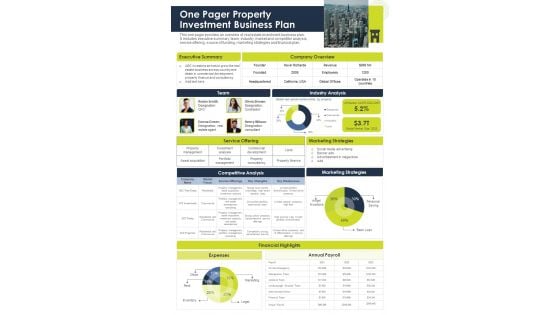 One Pager Property Investment Business Plan PDF Document PPT Template