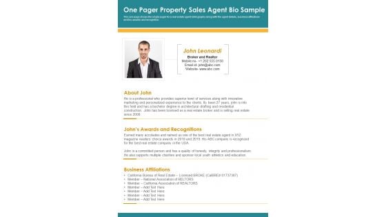 One Pager Property Sales Agent Bio Sample PDF Document PPT Template