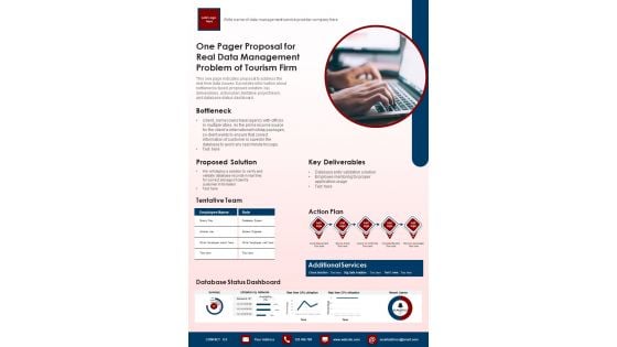 One Pager Proposal For Real Data Management Problem Of Tourism Firm PDF Document PPT Template