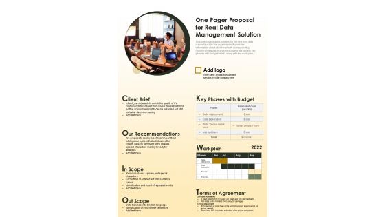 One Pager Proposal For Real Data Management Solution PDF Document PPT Template