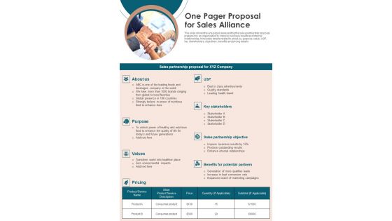 One Pager Proposal For Sales Alliance PDF Document PPT Template