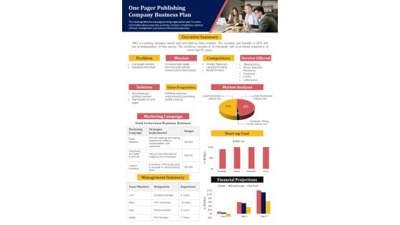 One Pager Publishing Company Business Plan PDF Document PPT Template