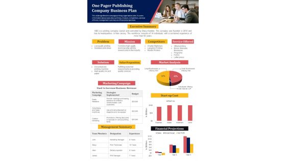 One Pager Publishing Company Business Plan PDF Document PPT Template