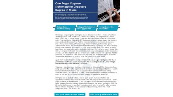 One Pager Purpose Statement For Graduate Degree In Music PDF Document PPT Template