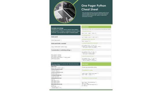 One Pager Python Cheat Sheet PDF Document PPT Template