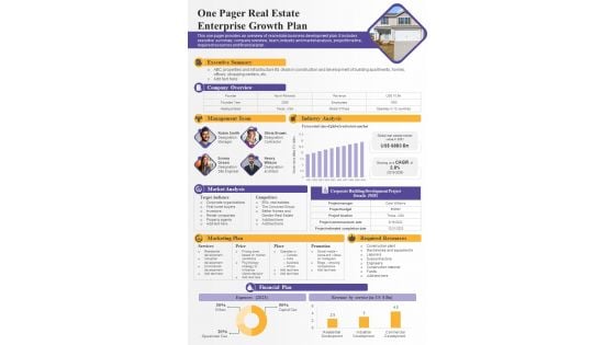 One Pager Real Estate Enterprise Growth Plan PDF Document PPT Template