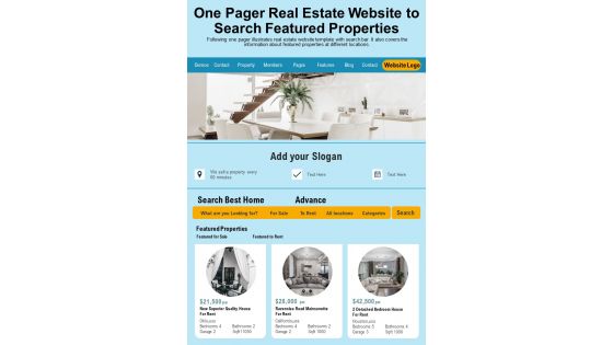 One Pager Real Estate Website To Search Featured Properties PDF Document PPT Template