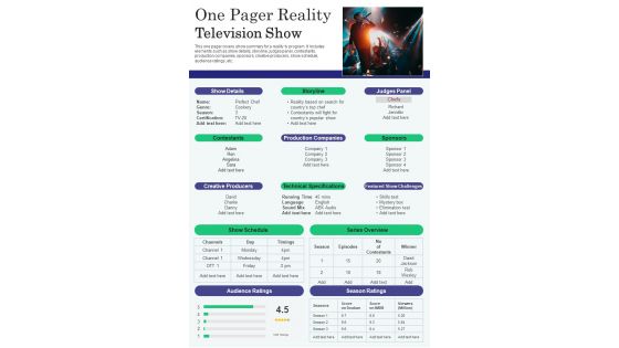 One Pager Reality Television Show PDF Document PPT Template