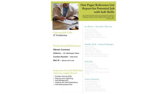 One Pager Reference List Report For Potentiel Job With Soft Skills PDF Document PPT Template