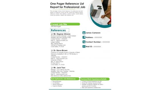 One Pager Reference List Report For Professional Job PDF Document PPT Template