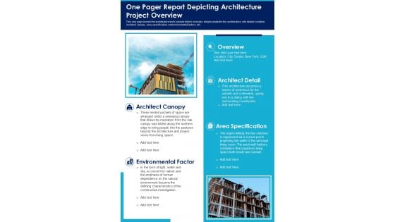 One Pager Report Depicting Architecture Project Overview PDF Document PPT Template