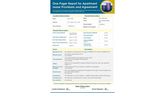 One Pager Report For Apartment Lease Provisions And Agreement PDF Document PPT Template