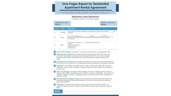 One Pager Report For Residential Apartment Rental Agreement PDF Document PPT Template