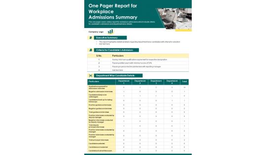 One Pager Report For Workplace Admissions Summary PDF Document PPT Template