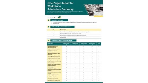 One Pager Report For Workplace Admissions Summary PDF Document PPT Template One Pager Report For Workplace Admissions Summary PDF Document PPT Template