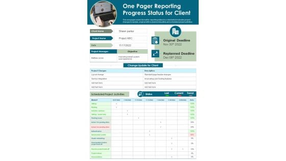 One Pager Reporting Progress Status For Client PDF Document PPT Template