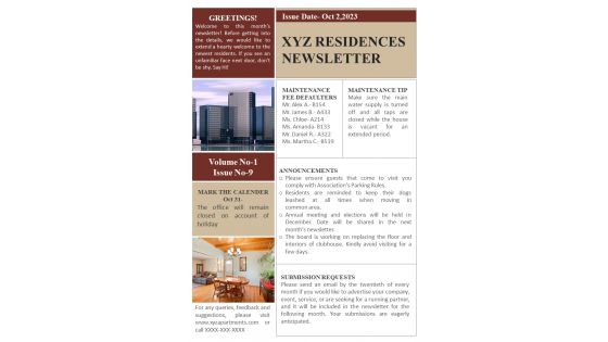 One Pager Residences Newsletter PDF Document PPT Template