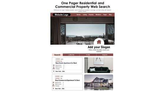 One Pager Residential And Commercial Property Web Search PDF Document PPT Template