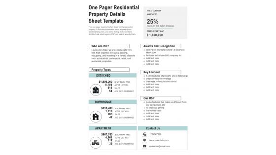 One Pager Residential Property Details Sheet Template PDF Document PPT Template