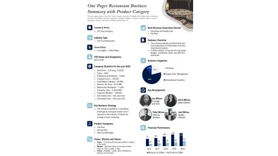 One Pager Restaurant Business Summary With Product Category PDF Document PPT Template