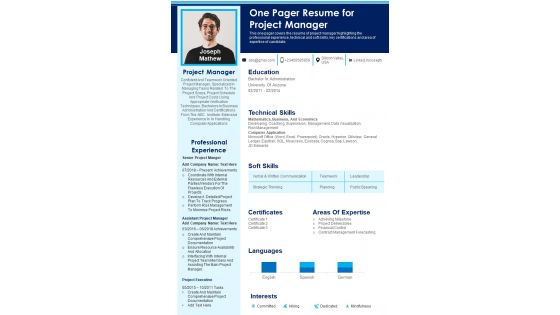 One Pager Resume For Project Manager PDF Document PPT Template