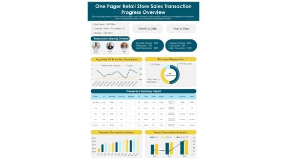 One Pager Retail Store Sales Transaction Progress Overview PDF Document PPT Template