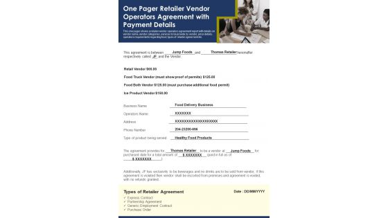 One Pager Retailer Vendor Operators Agreement With Payment Details PDF Document PPT Template