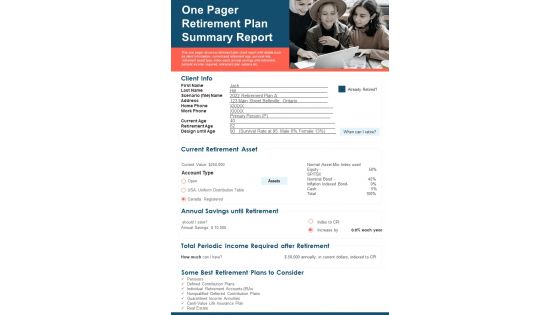One Pager Retirement Plan Summary Report PDF Document PPT Template One Pager Retirement Plan Summary Report PDF Document PPT Template