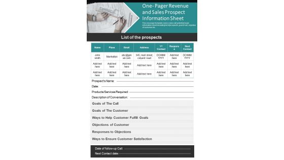 One Pager Revenue And Sales Prospect Information Sheet PDF Document PPT Template