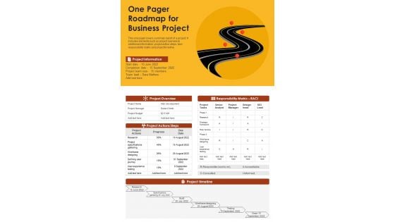 One Pager Roadmap For Business Project PDF Document PPT Template