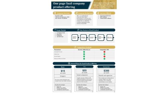 One Pager Saas Business Commodity Services PDF Document PPT Template