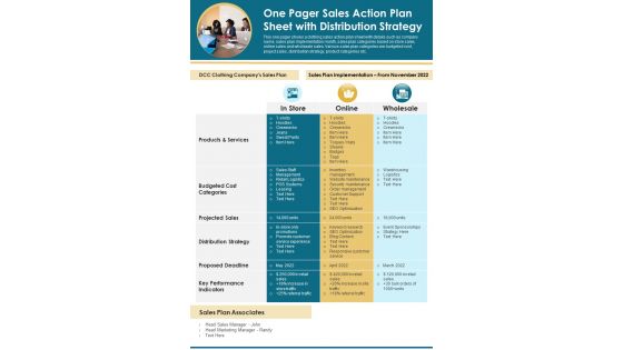 One Pager Sales Action Plan Sheet With Distribution Strategy PDF Document PPT Template