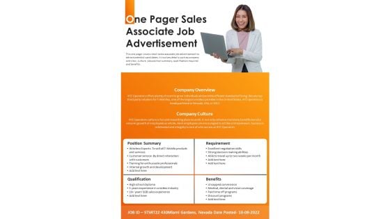 One Pager Sales Associate Job Advertisement PDF Document PPT Template