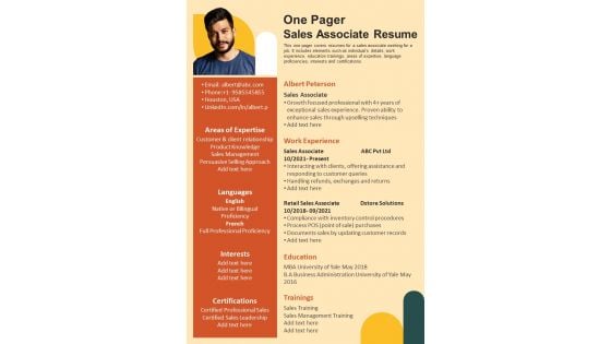 One Pager Sales Associate Resume PDF Document PPT Template