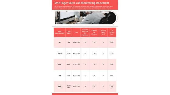 One Pager Sales Call Monitoring Document PDF Document PPT Template One Pager Sales Call Monitoring Document PDF Document PPT Template