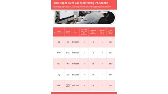 One Pager Sales Call Monitoring Document PDF Document PPT Template