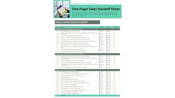 One Pager Sales Handoff Sheet PDF Document PPT Template One Pager Sales Handoff Sheet PDF Document PPT Template