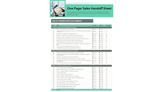 One Pager Sales Handoff Sheet PDF Document PPT Template