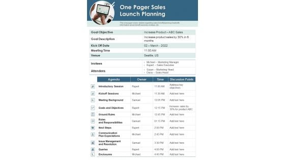 One Pager Sales Launch Planning PDF Document PPT Template