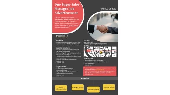 One Pager Sales Manager Job Advertisement PDF Document PPT Template