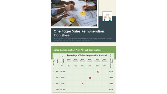 One Pager Sales Remuneration Plan Sheet PDF Document PPT Template