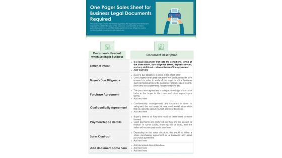 One Pager Sales Sheet For Business Legal Documents Required PDF Document PPT Template