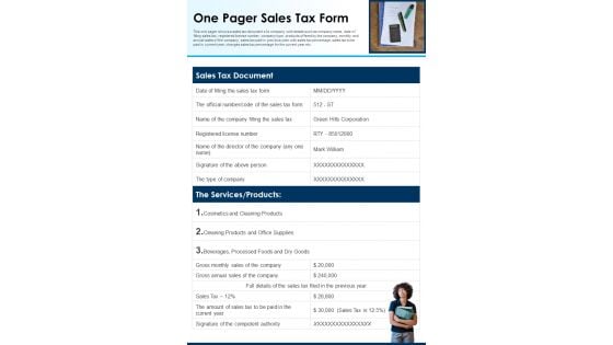 One Pager Sales Tax Form PDF Document PPT Template