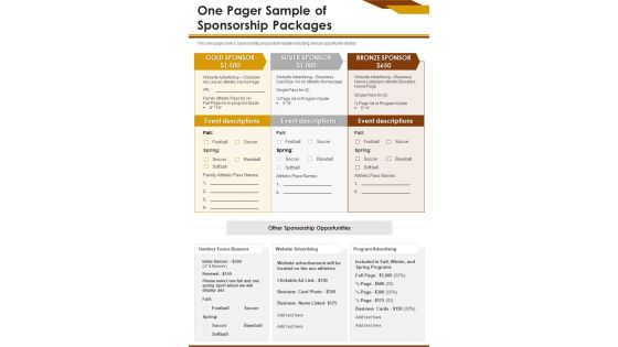 One Pager Sample Of Sponsorship Packages PDF Document PPT Template