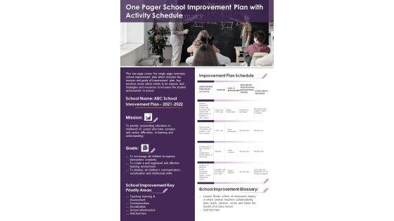 One Pager School Improvement Plan With Activity Schedule PDF Document PPT Template