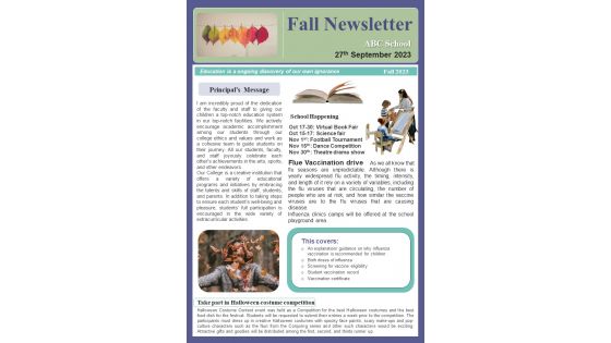 One Pager School Newsletter For Fall Term PDF Document PPT Template